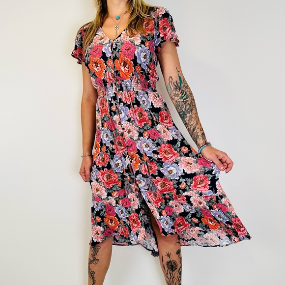 Knox Rose Dress Beautiful Floral Midi Button Front  Boho - Picture 4 of 9
